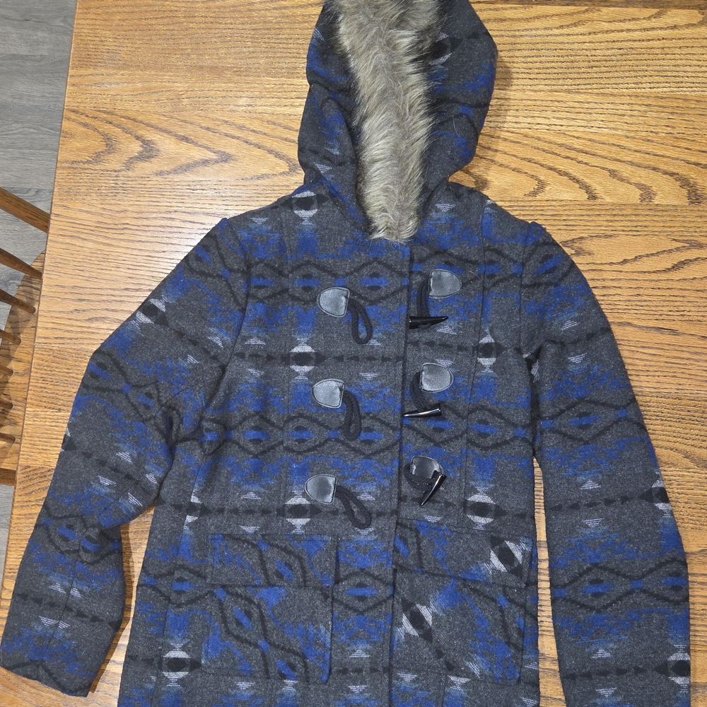 Gray and Blue Patterned Hooded Coat
